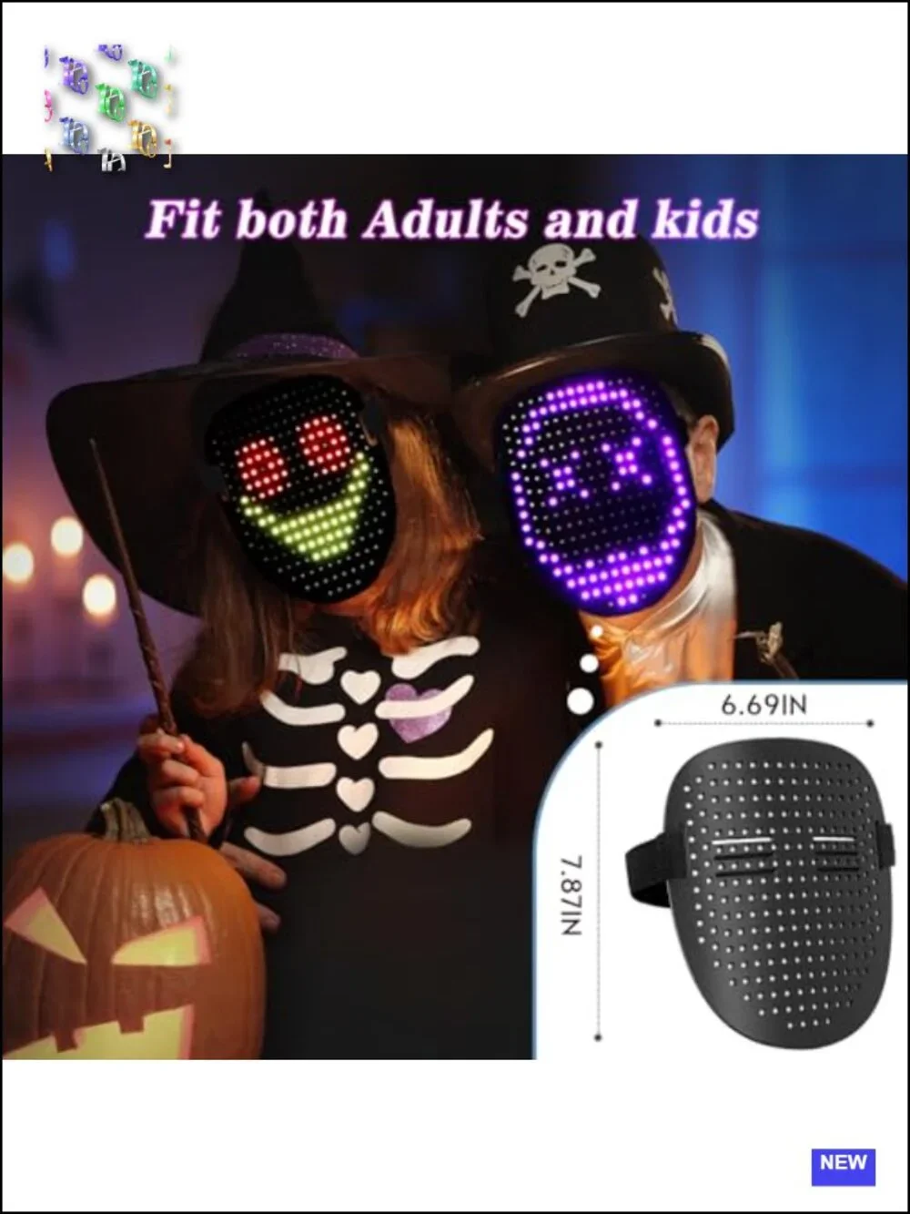 LED Light Up Mask with Gesture Sensing, 50 Patterns, Rechargeable, for Kids &